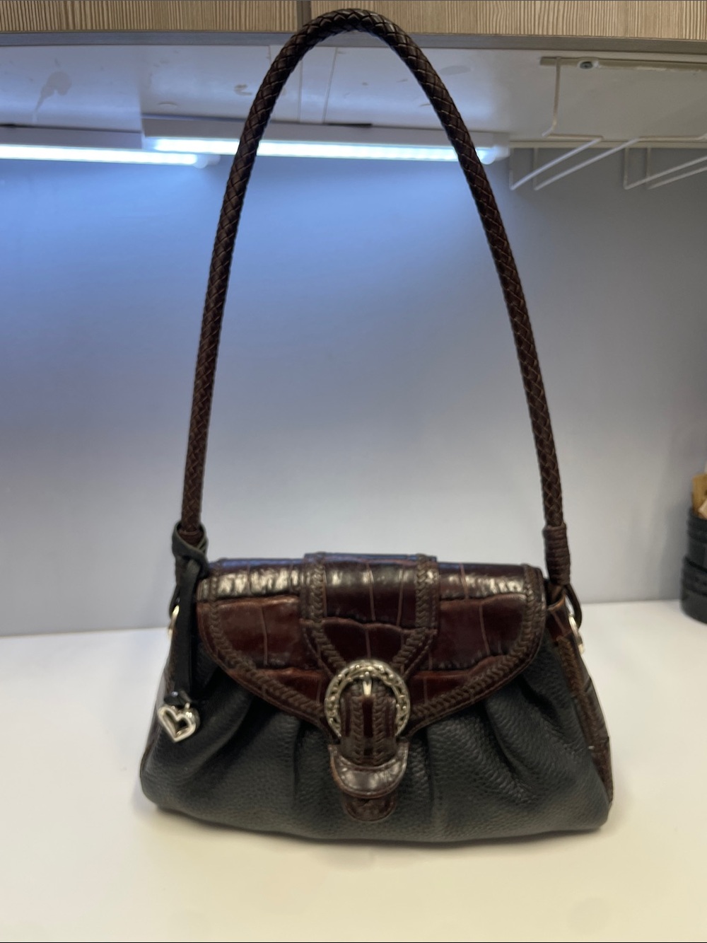 BRIGHTON Vintage Brown and Black Croc-Accent Shoulder Bag